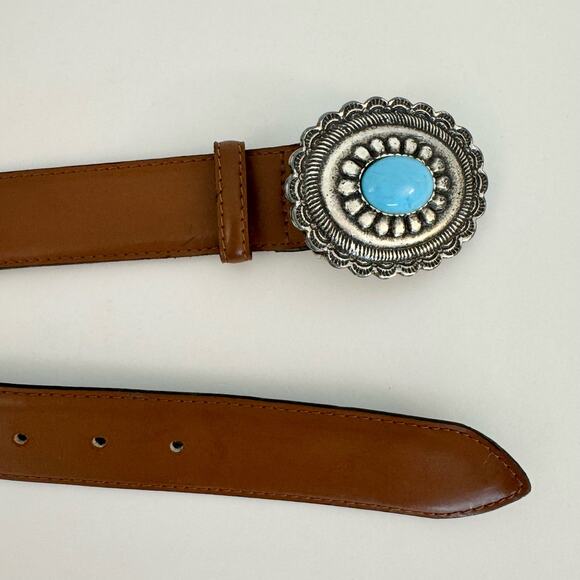 Richard Gampel Made in France Brown Leather Belt Blue Stone Western Size 30 main image 5